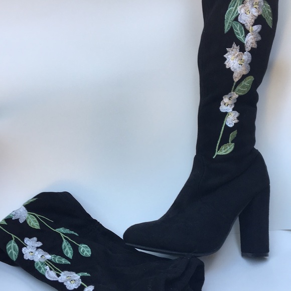 Shoes - New Blk Faux Suede Thigh High Boots w/White Roses!